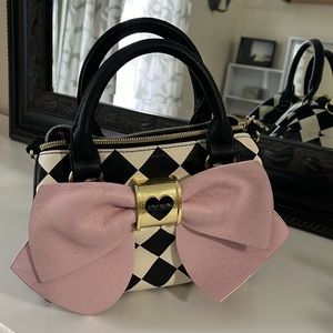 Betsy Johnson handbag harlequin with pale pink bow Crossbody strap included